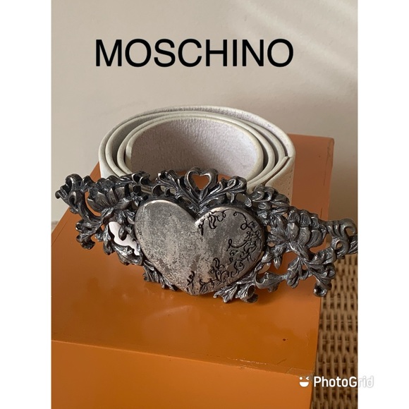 Rare Vintage MOSCHINO White Leather Pewter Heart Buckle Belt sz. 90 Italy main image 6